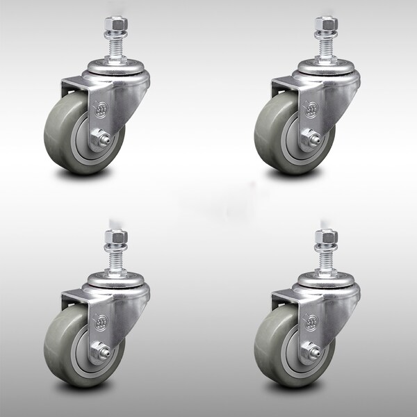3.5 Inch SS Gray Polyurethane Wheel Swivel 1/2 Inch Threaded Stem Caster Set SCC